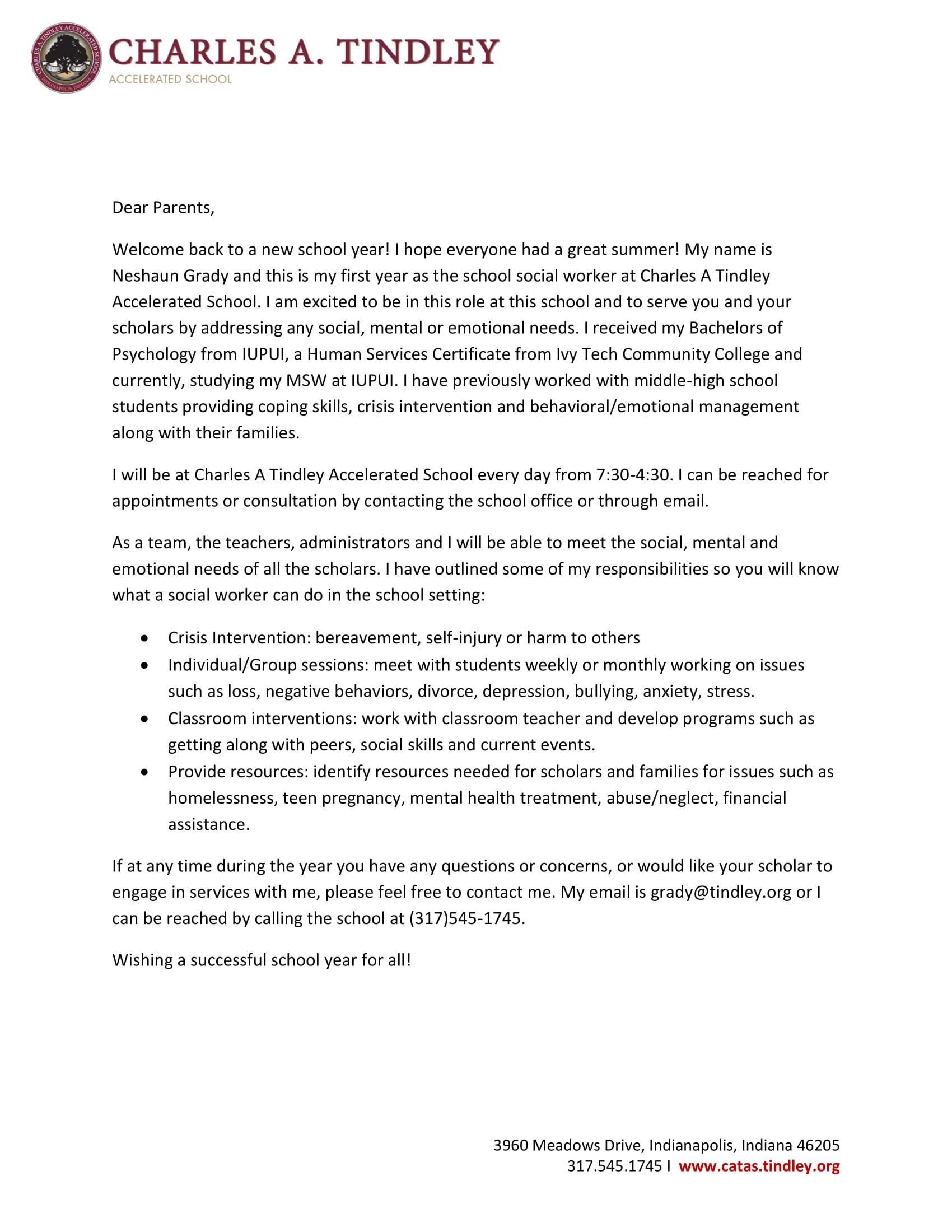 Social Worker letter to Parents